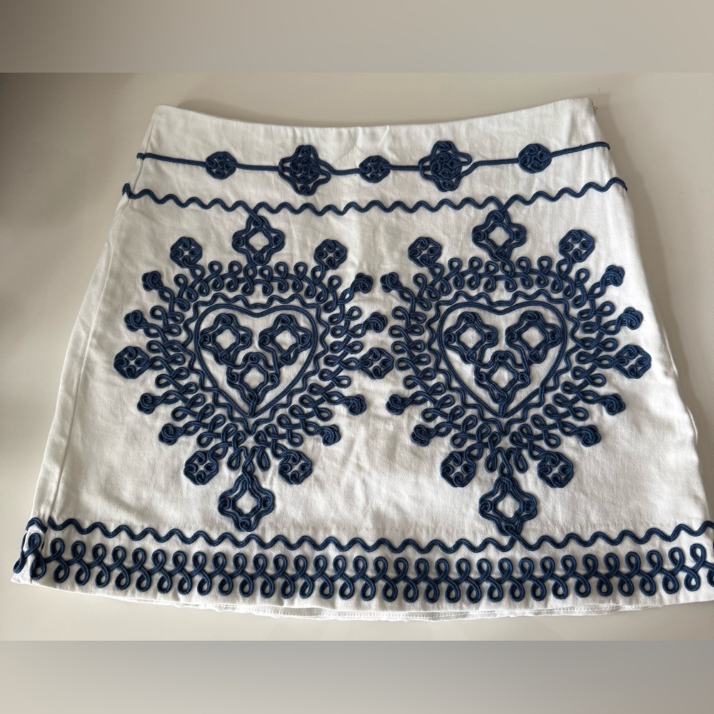 Maje White and Blue Embroidered Mini Skirt